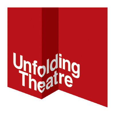 A red sign with white text of unfolding theatre.