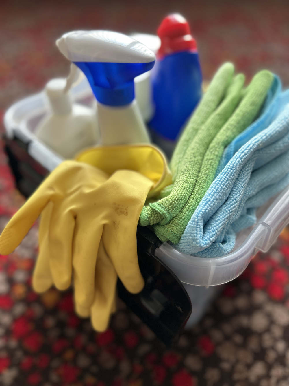 Cleaning supplies in a plastic container on a carpet.
