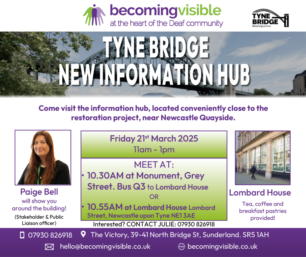 Flyer for Tyne Bridge New Information Hub event on March 21, 2025. Includes meeting times, contact details, and features a photo of Lombard House.