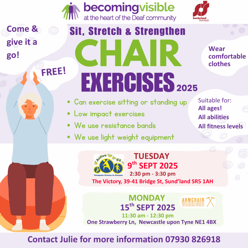 Promotional poster for free chair exercise classes for all abilities, showing a seated person exercising. Details include dates, locations, contact info, and accessibility symbols.