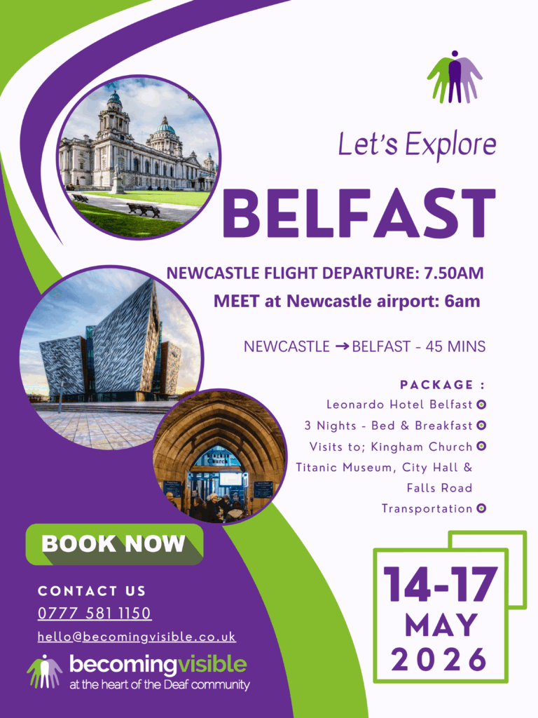 Promotional flyer for a Belfast trip, showing city landmarks, itinerary details, departure info, package inclusions, and booking contact, scheduled for 14-17 May 2026.