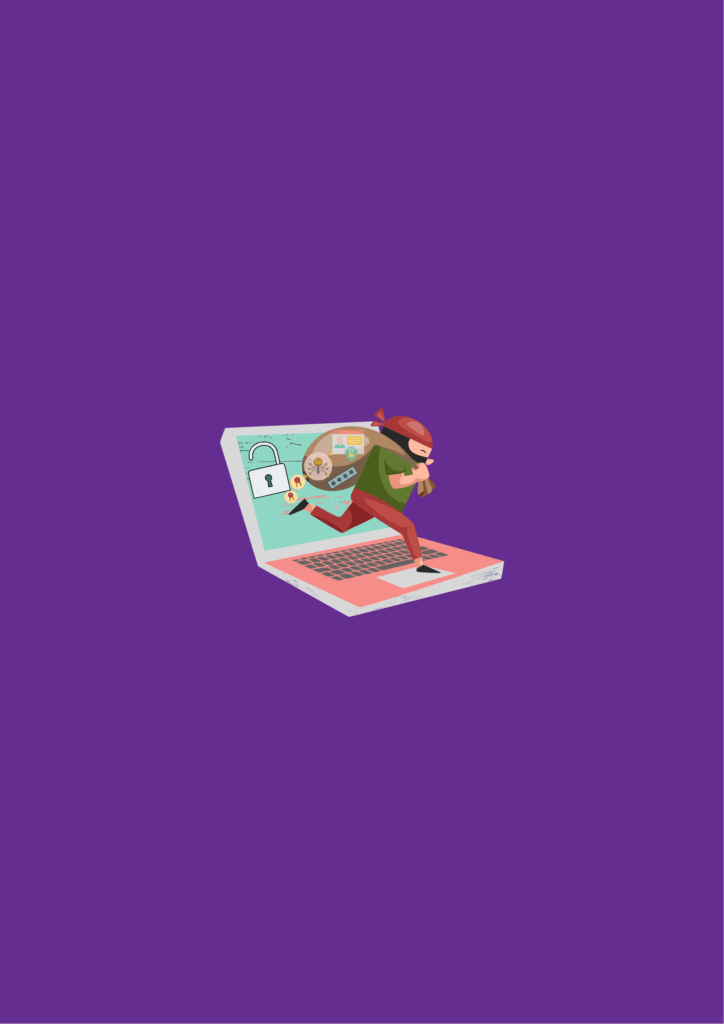 Illustration of a thief carrying a bag of stolen items running out of a laptop, symbolizing cybercrime, on a solid purple background.