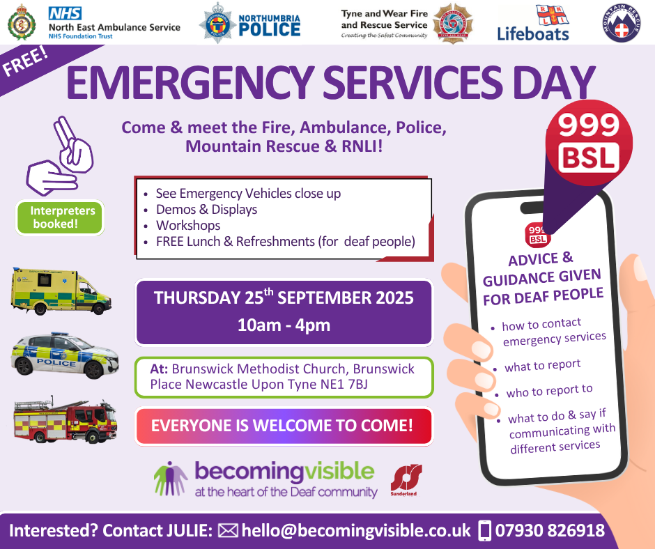 Emergency Services Day flyer with event details, attendee info, accessibility icons, and contact information on a colorful background.