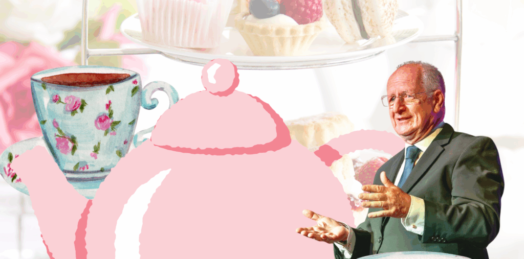 Poster advertising "Afternoon Tea at the Victory Pub" on 25th October 2025, featuring a large teapot, teacups, and a man speaking. Event details and contact info are included.