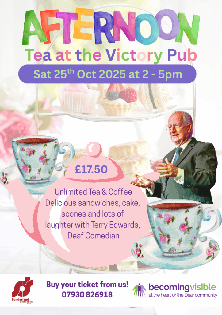 Poster advertising an afternoon tea event at the Victory Pub on 25th October 2025, featuring cakes, tea, and comedian Terry Edwards. Ticket price is £17.50.