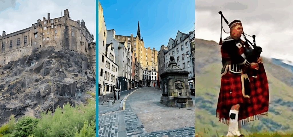 Three images: Edinburgh Castle on a hill, a cobblestone street with historic buildings, and a man in traditional Scottish attire playing bagpipes in front of hills.