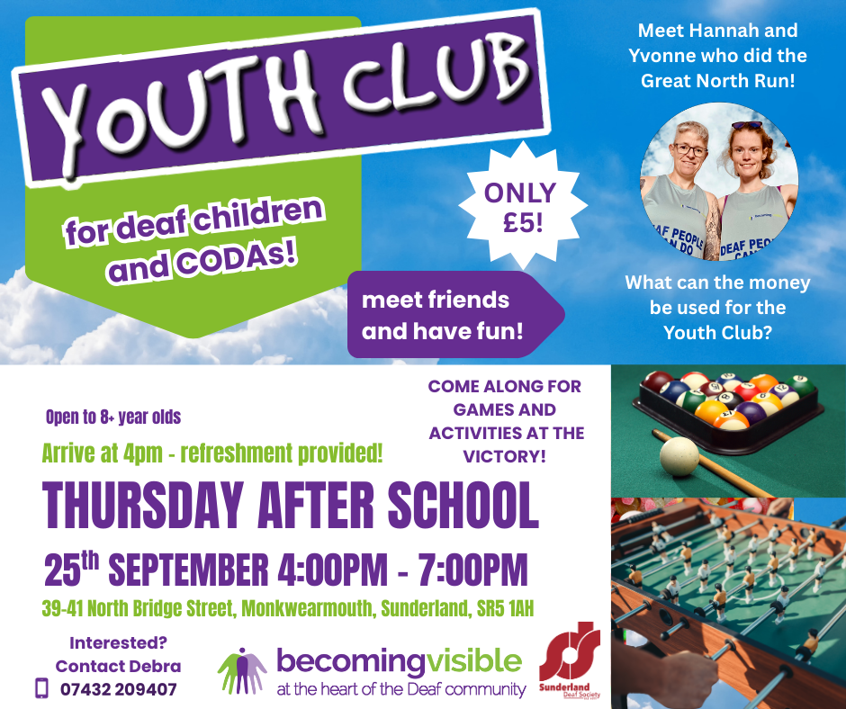 Flyer for a youth club for deaf children and CODAs, with event details, photos of volunteers, and information about activities, date, time, location, and contact info.