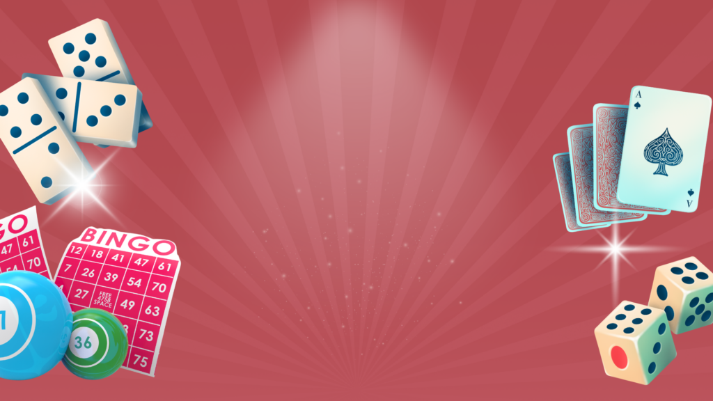 Dominoes, bingo cards and chips, playing cards, and dice are arranged around the edges on a red radial background with an empty central space.