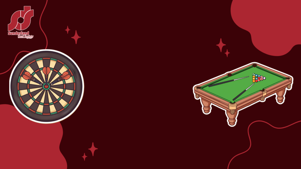 Illustration of a dartboard with darts and a pool table with cues and balls on a maroon background with the Sunderland Student Union logo in the top left corner.