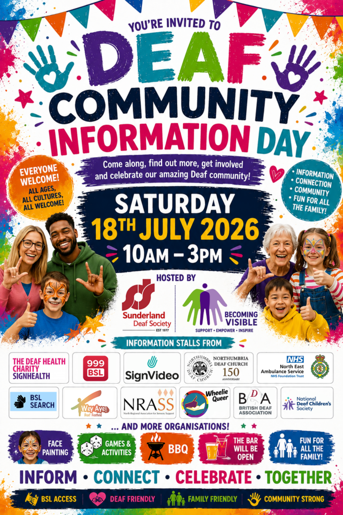 Poster for Deaf Community Information Day on 18 July 2026, 10am–3pm, with event details, logos, and images of diverse people celebrating.