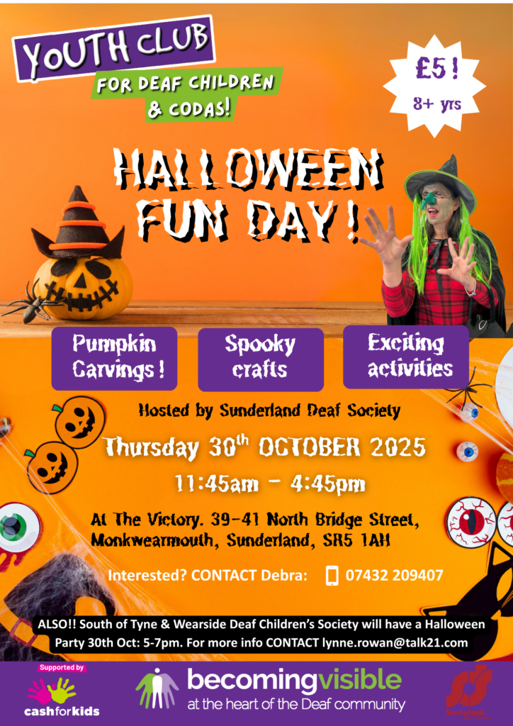 Youth club Halloween event poster for Deaf children and CODAs, featuring pumpkin carvings, costumes, and spooky crafts on October 30, 2025, at The Victory, Sunderland.