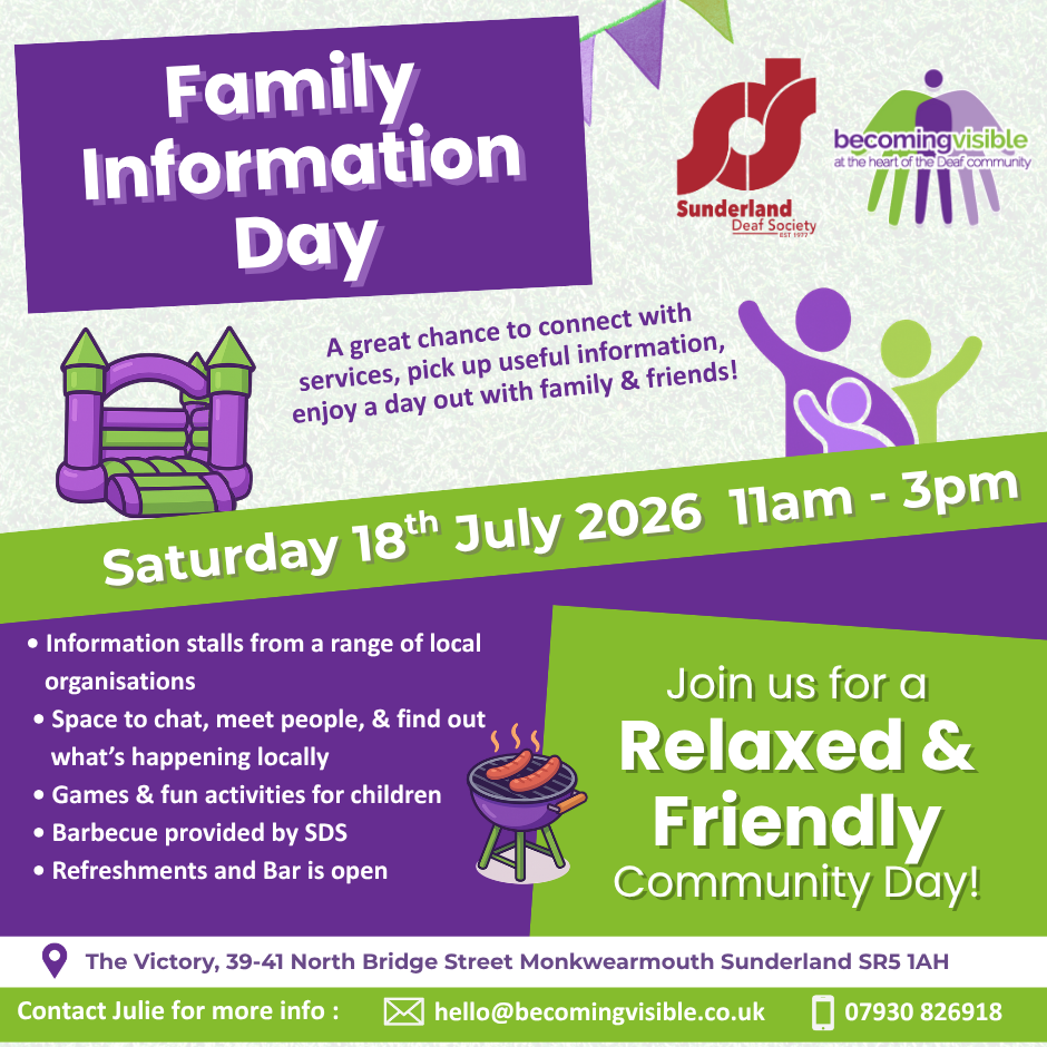 Family Information Day event poster with date, time, location details, activity highlights, and organizer logos. Features colorful design with inflatable castle graphic.