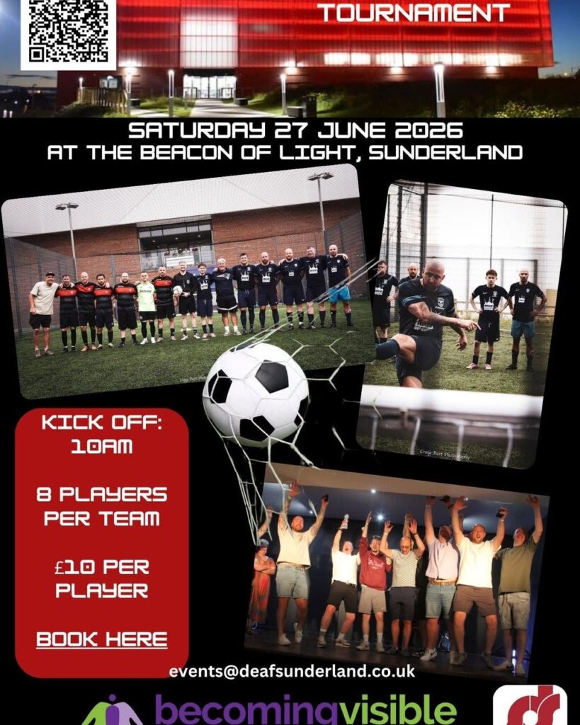Poster for a football tournament at the Beacon of Light, Sunderland, on 27 June 2026, showing event details, photos of players, and contact information for booking.